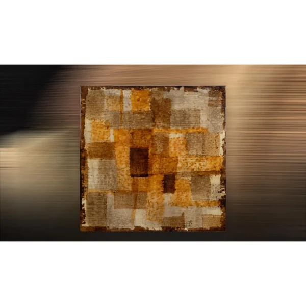 Small Rust Patchwork Textured Panel, 50 x 50 cm in rust — in a room setting