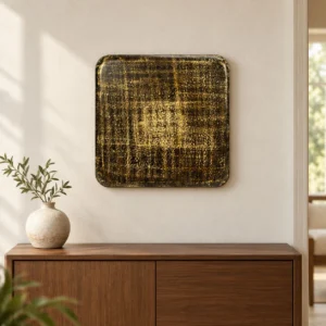 Small Gold and Black Plaid Glazed Slab, 50 x 50 cm in brushed brass — front view