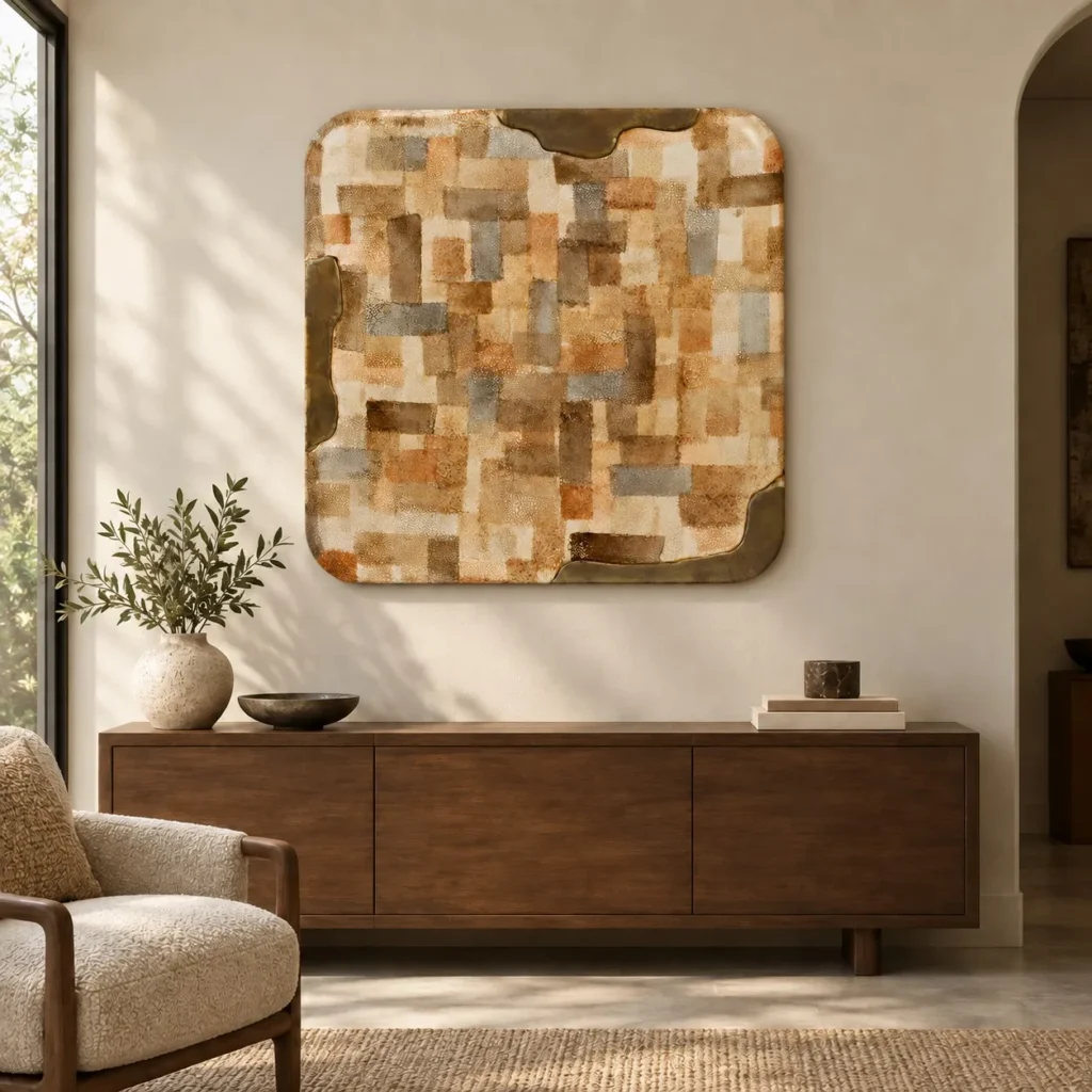 Sand Patchwork Glazed Slab with Bronze Edge, 110 x 110 cm in sand — front view