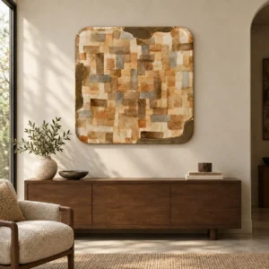 Sand Patchwork Glazed Slab with Bronze Edge, 110 x 110 cm in sand — front view