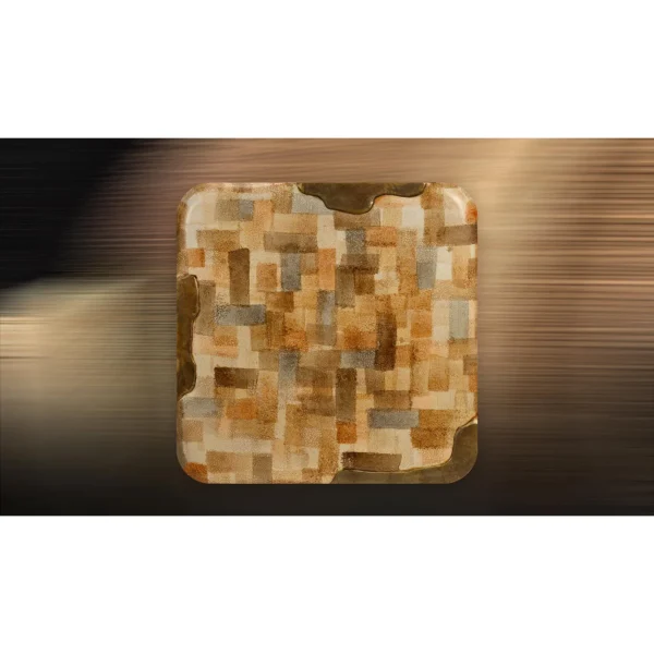 Sand Patchwork Glazed Slab with Bronze Edge, 110 x 110 cm in sand — in a room setting