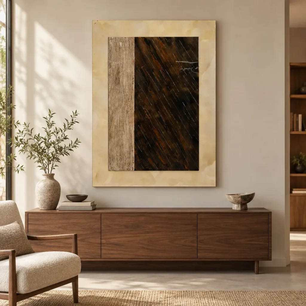 Brown Rain Panel in Onyx-Look Border, 110 x 150 cm — front view