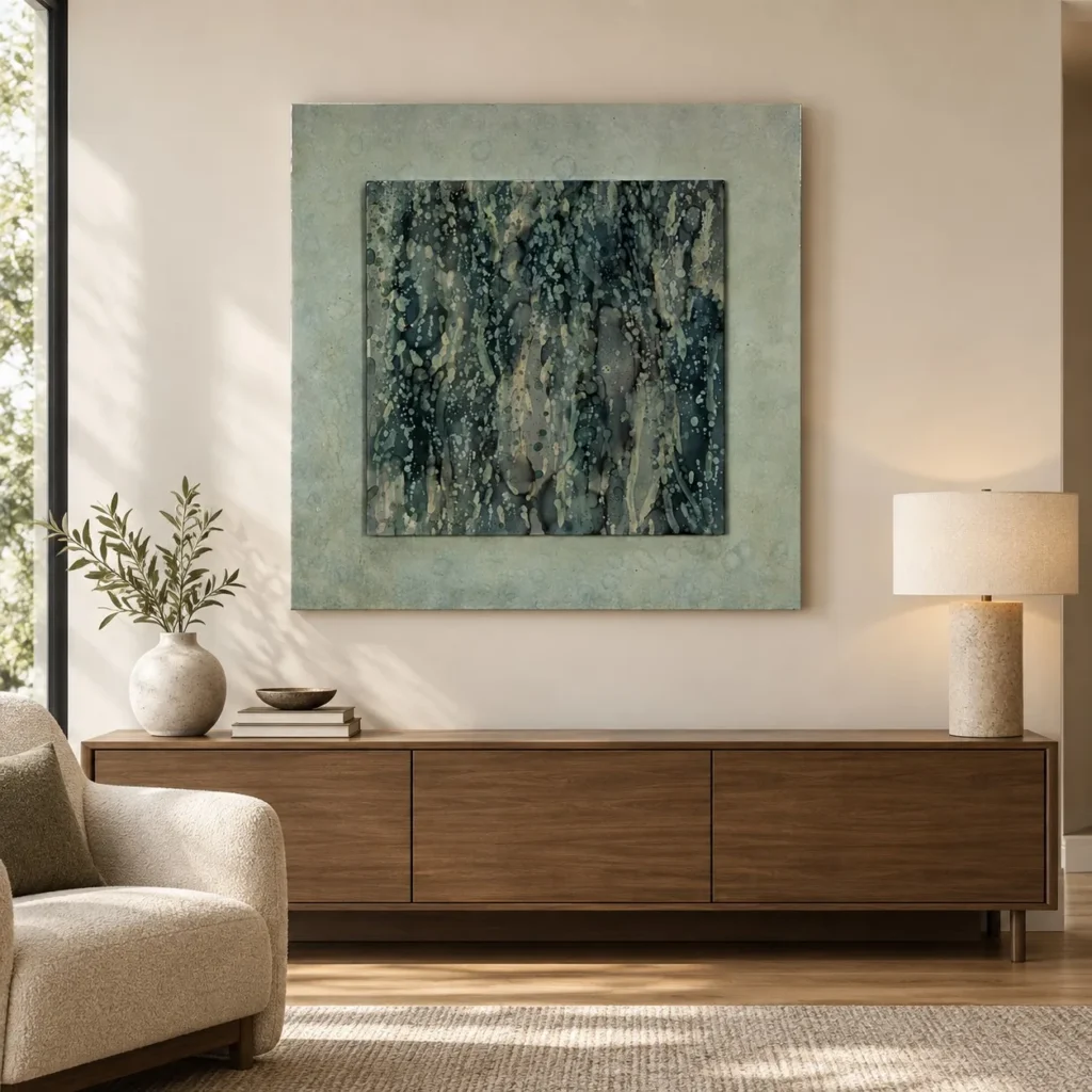 Teal Bark Panel in Sage Border, 100 x 100 cm — front view