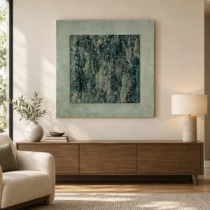 Teal Bark Panel in Sage Border, 100 x 100 cm — front view