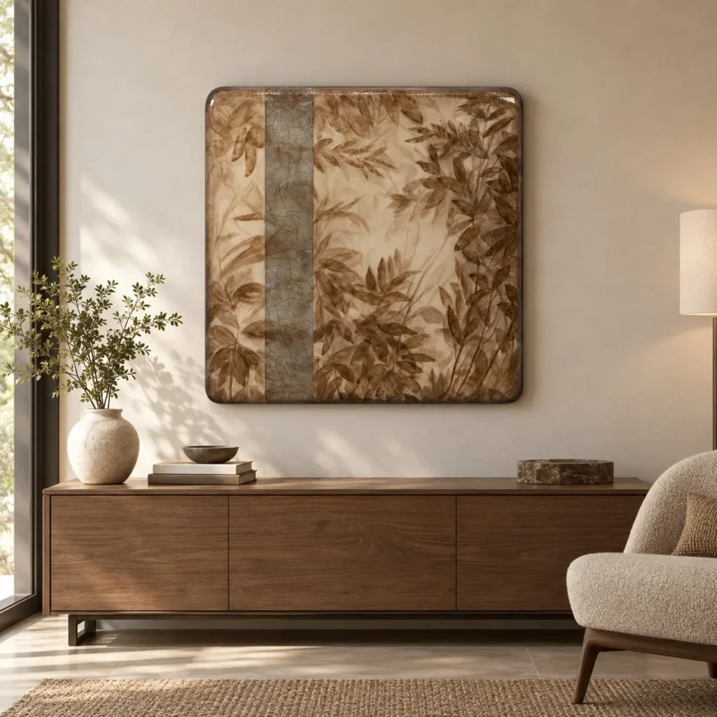 Bamboo Leaf Glazed Slab in Tan with Grey Band, 100 x 100 cm — front view