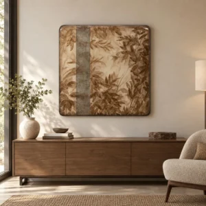 Bamboo Leaf Glazed Slab in Tan with Grey Band, 100 x 100 cm — front view