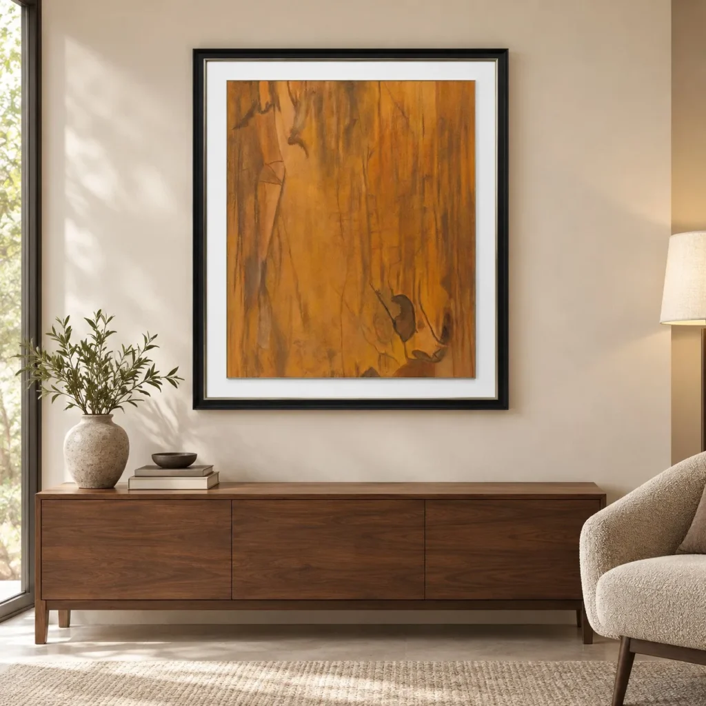 Amber Wood Grain Painting in Black Frame, 120 x 140 cm — front view