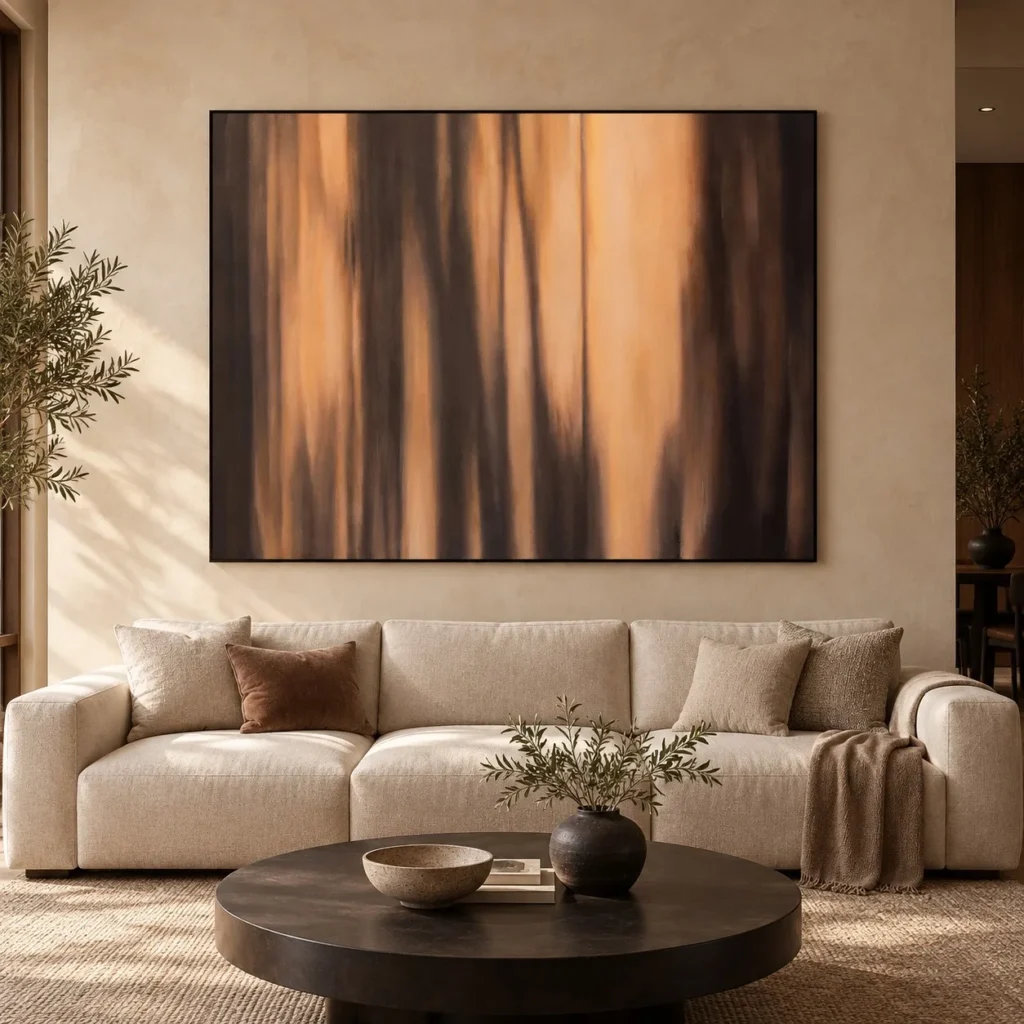 Wide Amber Streak Wash Painting, 180 x 135 cm in rust — front view