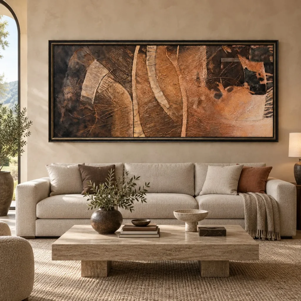 Wide Copper Leaf Abstract in Black Frame, 220 x 100 cm — front view
