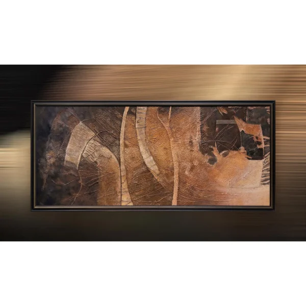 Wide Copper Leaf Abstract in Black Frame, 220 x 100 cm — in a room setting