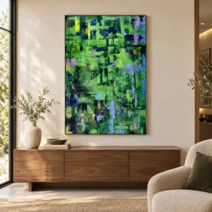 Green Grid Abstract Painting, 80 x 120 cm in olive — front view