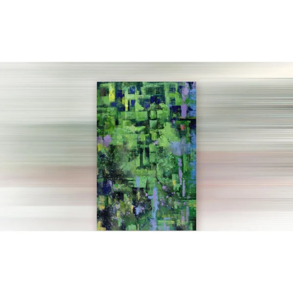 Green Grid Abstract Painting, 80 x 120 cm in olive — in a room setting