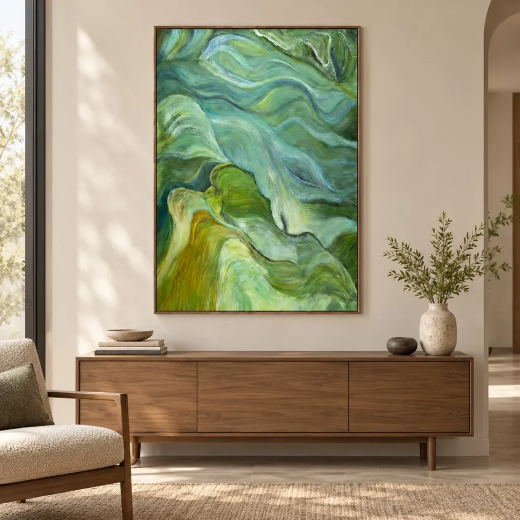 Green Wave Flow Painting, 80 x 120 cm in olive — front view