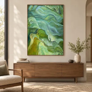 Green Wave Flow Painting, 80 x 120 cm in olive — front view