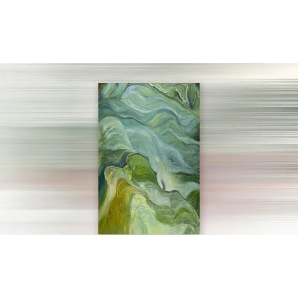 Green Wave Flow Painting, 80 x 120 cm in olive — in a room setting