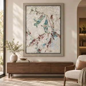 Autumn Leaf Branch Painting in Grey Frame, 105 x 130 cm — front view