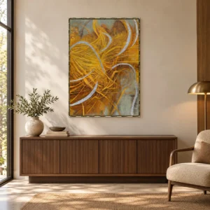 Golden Brushstroke Swirl Painting, 100 x 140 cm in brushed brass — front view