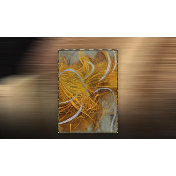 Golden Brushstroke Swirl Painting, 100 x 140 cm in brushed brass — in a room setting