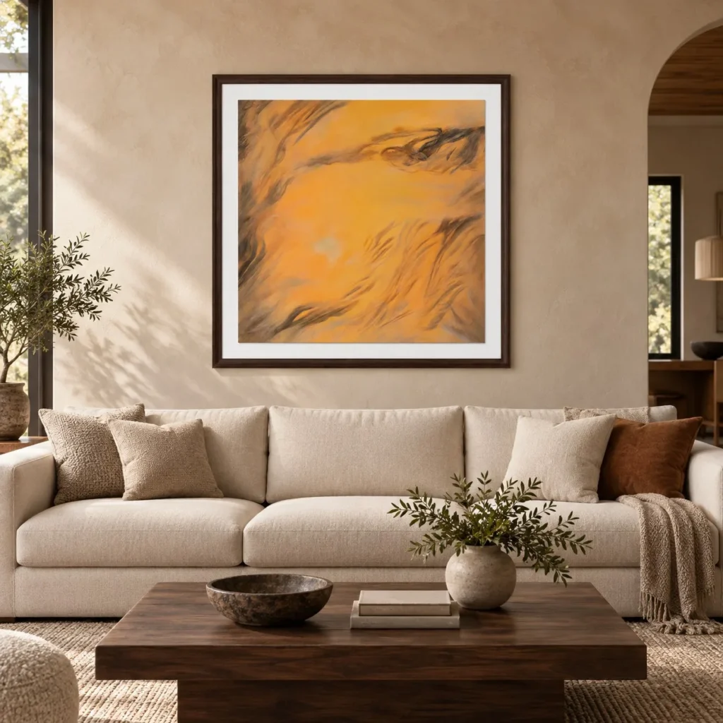 Orange Grass Wind Painting in Black Frame, 140 x 140 cm — front view