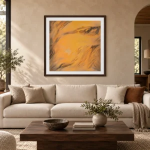 Orange Grass Wind Painting in Black Frame, 140 x 140 cm — front view