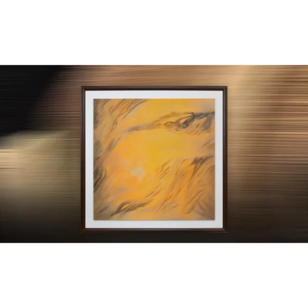 Orange Grass Wind Painting in Black Frame, 140 x 140 cm — in a room setting