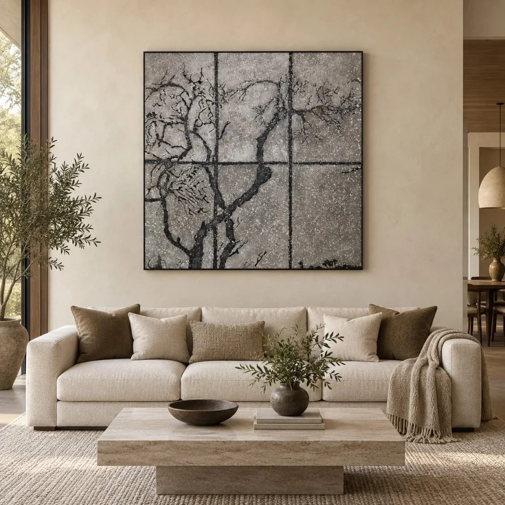 Tree Silhouette Mosaic Grid Panel, 160 x 160 cm in slate — front view