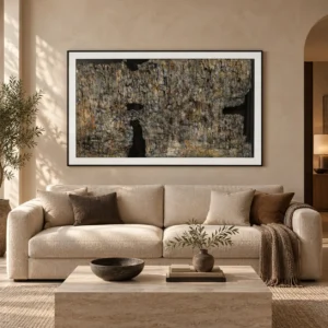 Wide Bark Texture Painting in Black Frame, 150 x 90 cm — front view