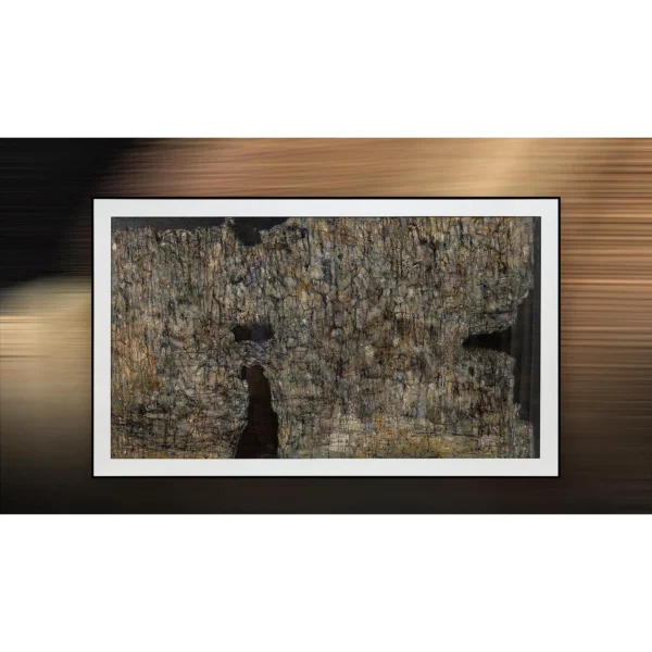 Wide Bark Texture Painting in Black Frame, 150 x 90 cm — in a room setting