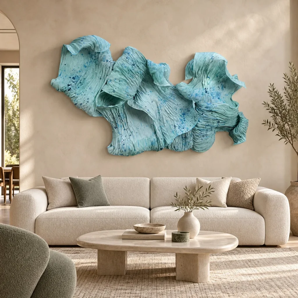 Turquoise Draped Fabric Wall Sculpture, 180 x 100 cm in blue — front view