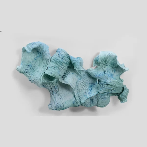 Turquoise Draped Fabric Wall Sculpture, 180 x 100 cm in blue — in a room setting