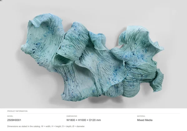 Turquoise Draped Fabric Wall Sculpture, 180 x 100 cm in blue — dimensions