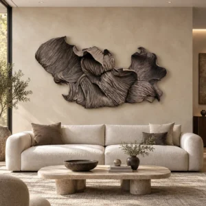 Charcoal Draped Fabric Wall Sculpture, 180 x 100 cm in black — front view