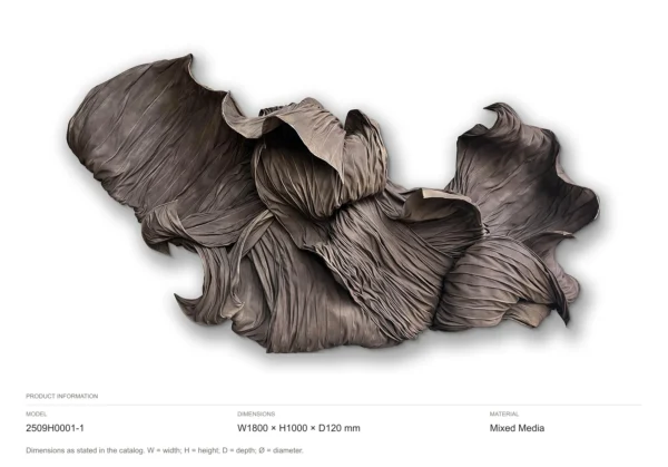 Charcoal Draped Fabric Wall Sculpture, 180 x 100 cm in black — dimensions