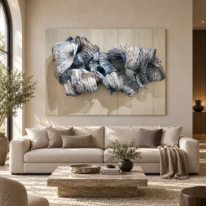 Blue and White Draped Fabric Relief on Canvas, 180 x 100 cm in blue — front view