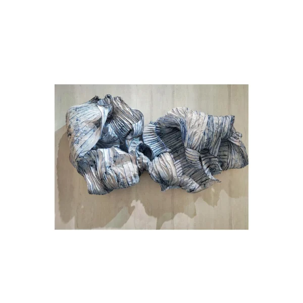 Blue and White Draped Fabric Relief on Canvas, 180 x 100 cm in blue — in a room setting