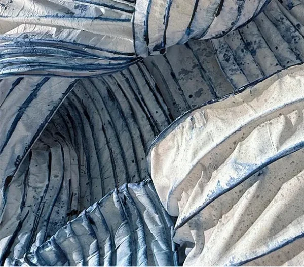 Blue and White Draped Fabric Relief on Canvas, 180 x 100 cm in blue — detail