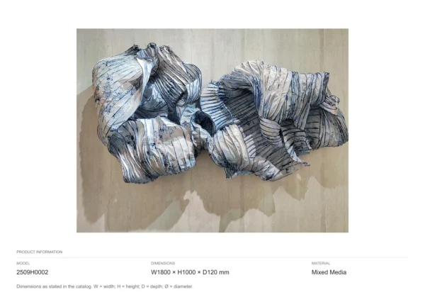 Blue and White Draped Fabric Relief on Canvas, 180 x 100 cm in blue — dimensions