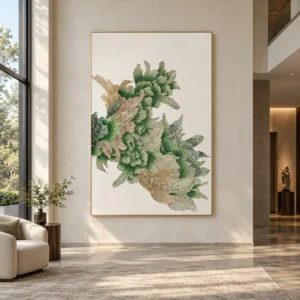 Tall Green Coral Bloom Relief, 120 x 180 cm in olive — front view