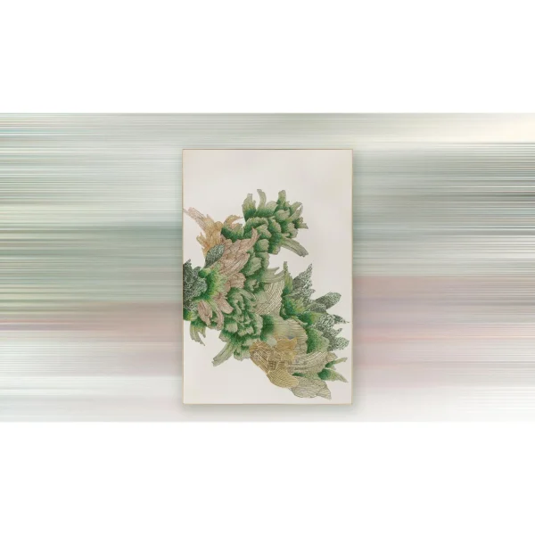 Tall Green Coral Bloom Relief, 120 x 180 cm in olive — in a room setting
