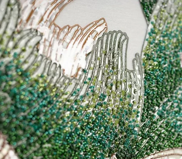 Tall Green Coral Bloom Relief, 120 x 180 cm in olive — detail