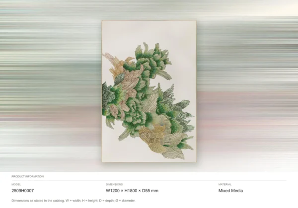 Tall Green Coral Bloom Relief, 120 x 180 cm in olive — dimensions