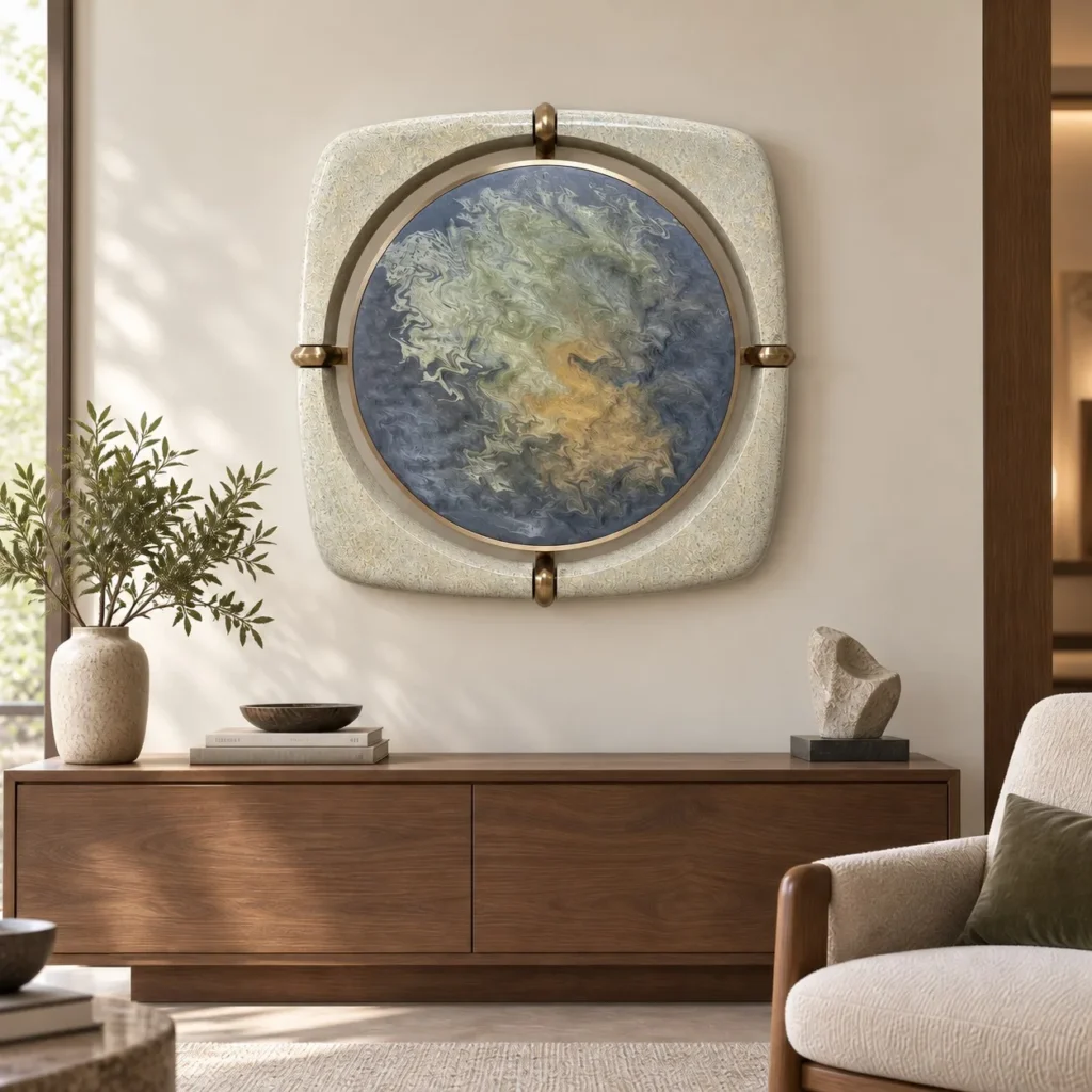 Marbled Blue Disc in Speckled Cream Frame with Brass Clips — front view