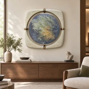 Marbled Blue Disc in Speckled Cream Frame with Brass Clips — front view