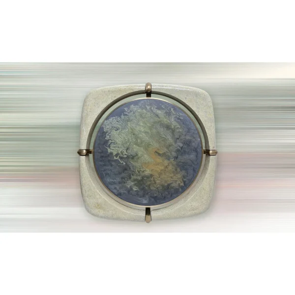 Marbled Blue Disc in Speckled Cream Frame with Brass Clips — in a room setting