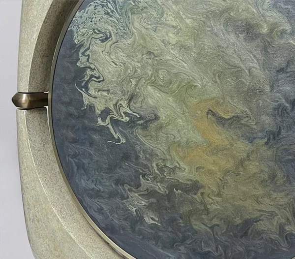 Marbled Blue Disc in Speckled Cream Frame with Brass Clips — detail