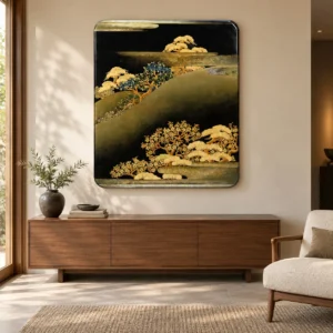 Gold Pine Landscape on Black Lacquer Panel, 120 x 140 cm in black — front view