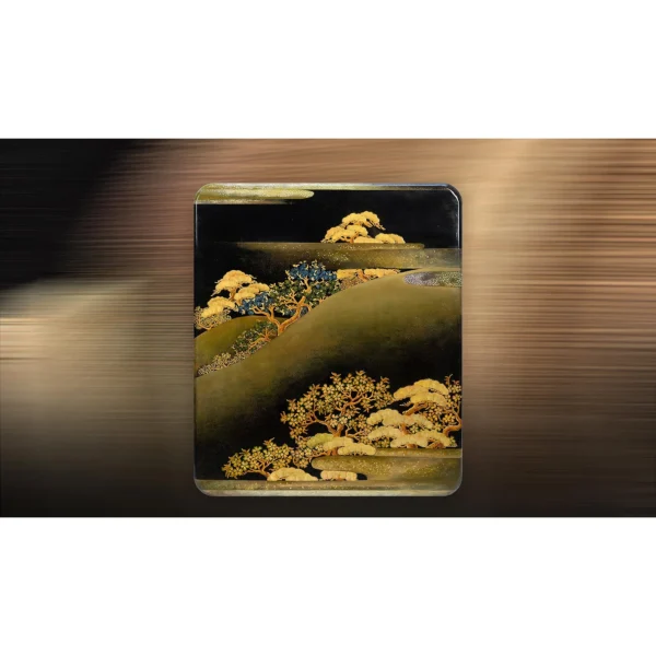 Gold Pine Landscape on Black Lacquer Panel, 120 x 140 cm in black — in a room setting