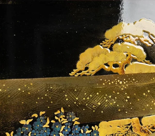 Gold Pine Landscape on Black Lacquer Panel, 120 x 140 cm in black — detail