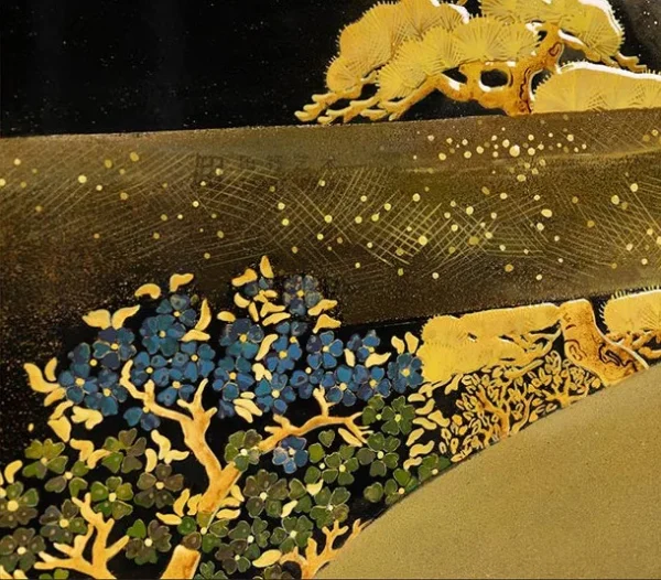 Gold Pine Landscape on Black Lacquer Panel, 120 x 140 cm in black — detail