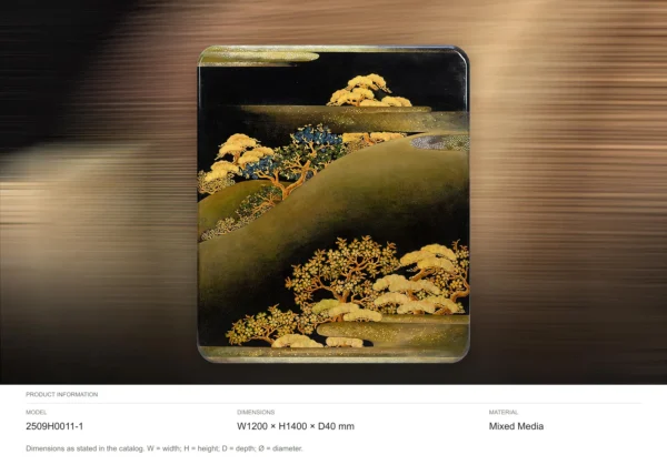 Gold Pine Landscape on Black Lacquer Panel, 120 x 140 cm in black — dimensions